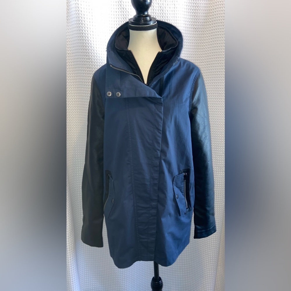 Women’s Erika‎ cotton Navy blue faux black leather bib front Jacket size medium
